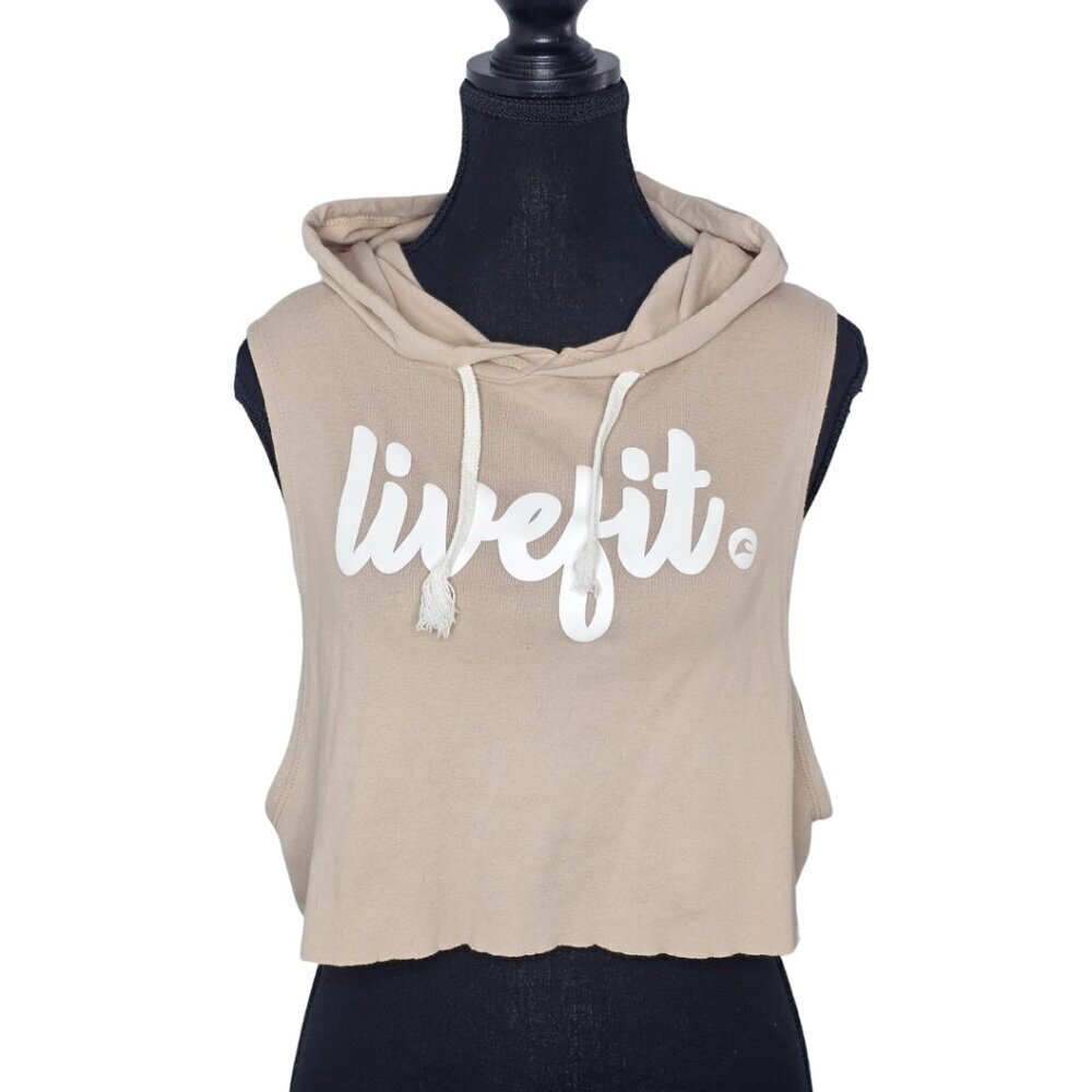 Live Fit LVFT Women's Cream/Beige Sleeveless Hooded Crop Top, Size Small